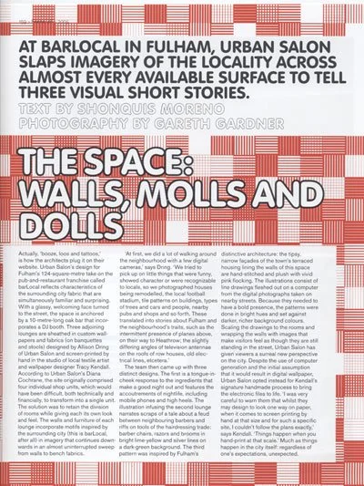 A magazine or newspaper article with a title about urban art, titled 'The Space Walls, Molls and Dolls,' discussing the urban art scene in Fulham, featuring imagery of the locality, and credited to Gareth Gardner.
