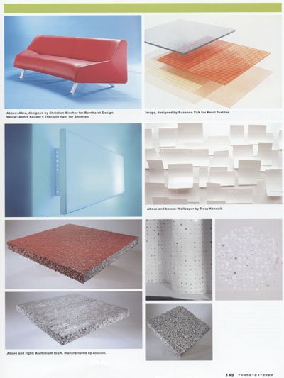 Six images showcasing various furniture and material designs: a red sofa, layered glass and mesh sheets, a blue lighted panel, white wall paneling with geometric cutouts, a red carpet, and gray and silver textured floor tiles.