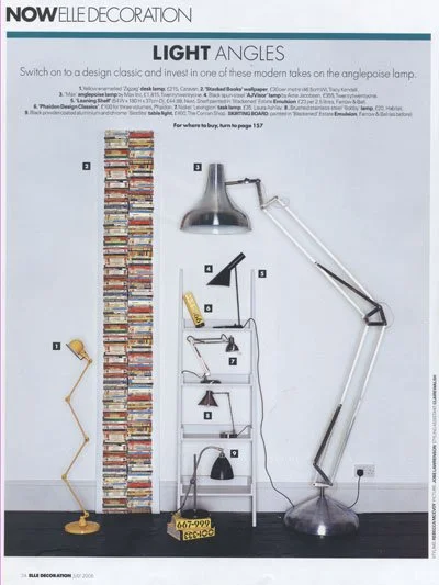 Arrangement of modern lamps including a tall bookshelf lamp, a large metallic desk lamp, a black adjustable wall lamp, a small yellow desk lamp, a hanging wire lamp, and a tall white floor lamp, all placed against a plain wall with a black floor.