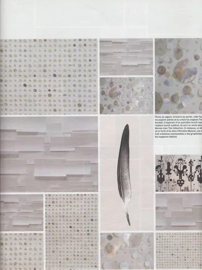 Collage of various wall tile patterns, including polka dots, wood-like textures, marble swirls, and a feather in the center.