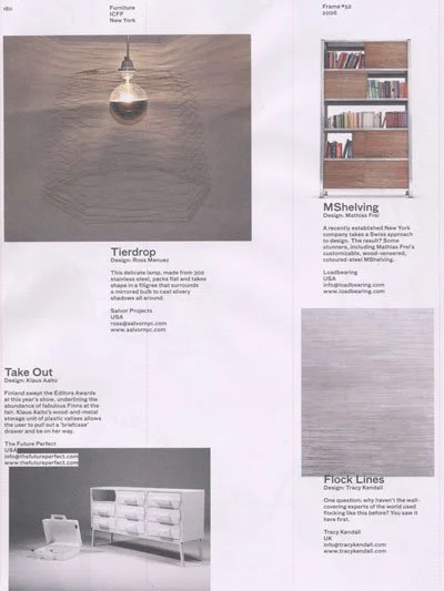 A page from a design magazine featuring furniture pieces and product descriptions, including a pendant light, a bookshelf, a dresser, and a set of flocked lines.