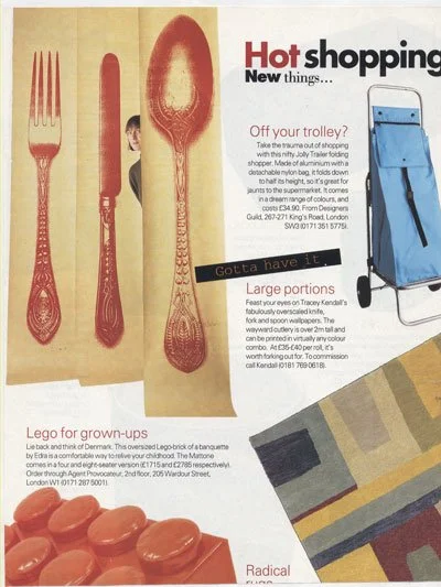 A collage of cutlery, including a red fork, knife, and spoon, with some overlapping. There is also a section of a blue trolley with wheels, part of a children's LEGO set, and a colorful geometric patterned object. Additionally, text and a partial ima