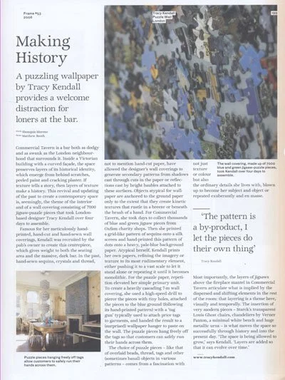 Page from a magazine titled 'Making History,' featuring a Sherlock Holmes-inspired puzzle wallpaper design, with a description and an image of a puzzle pattern.