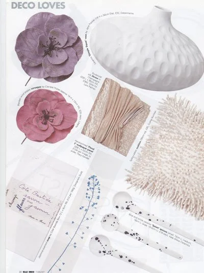 Decorative paper and fabric samples, including purple and pink flowers, textured beige and white materials, and black and white illustrated objects.