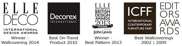 collage of award logos from Elle Deco, Decorex International, Elle Decoration British Design Awards 2013, ICFF International Contemporary Furniture Fair, with descriptions of their awards and years.