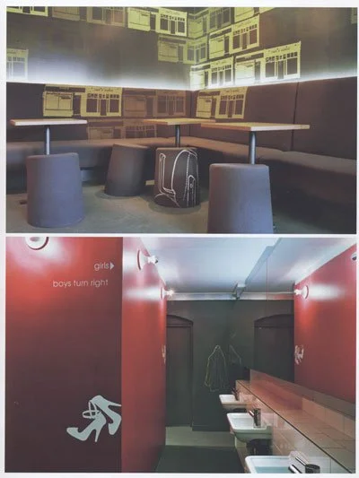 Two photos showing modern cafe or restaurant interiors with seating areas and decorative wall art.