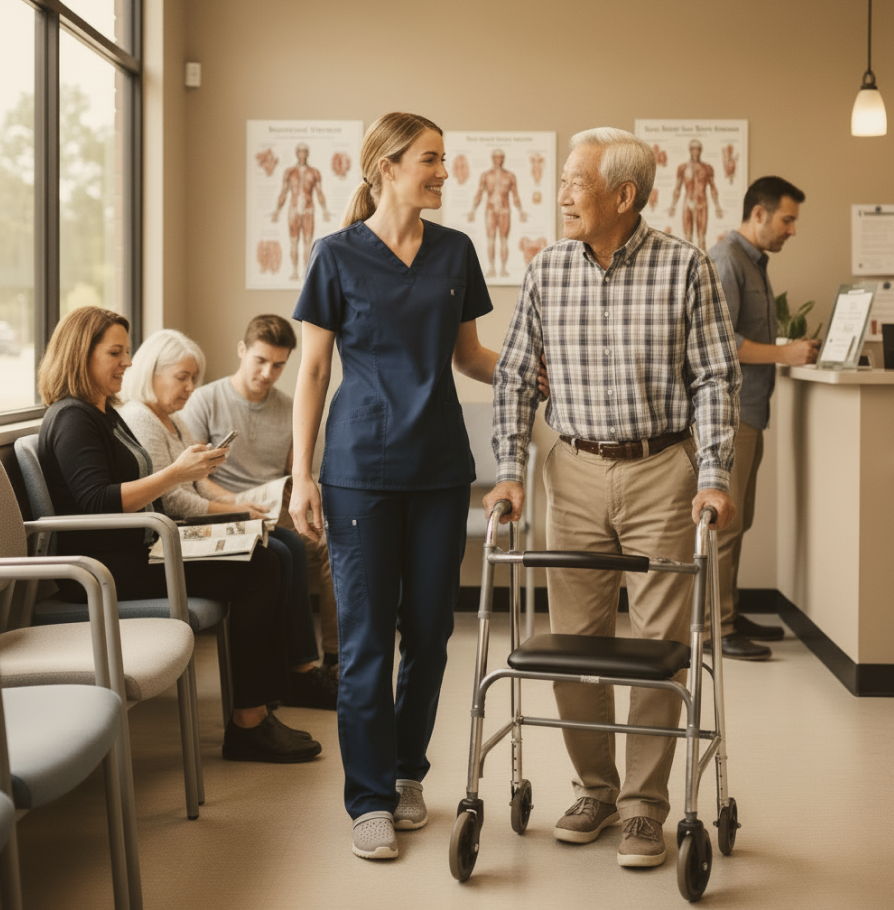 helping a older man into doctor's appointment