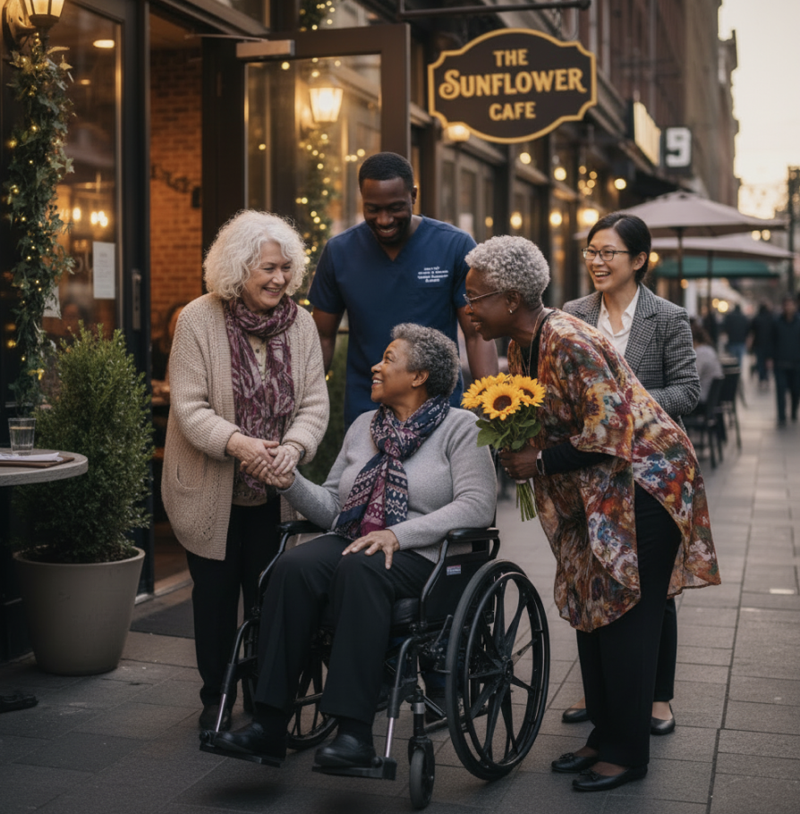 helping elderly woman to meet friends for dinner