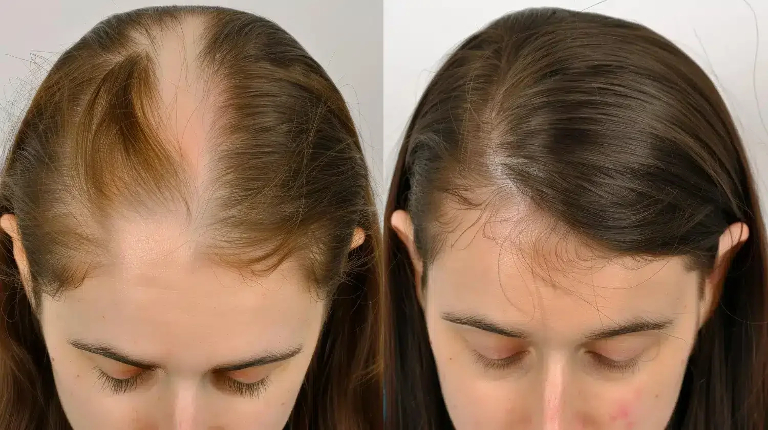 Comparison of a woman's hair before and after hair restoration, showing increased hair density on the right.