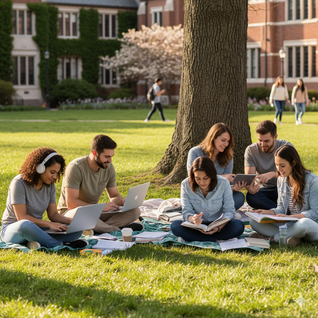 A group of six young people studying outdoors on a sunny day, sitting on a blanket under a large tree on a college campus, with laptops, notebooks, and drinks.