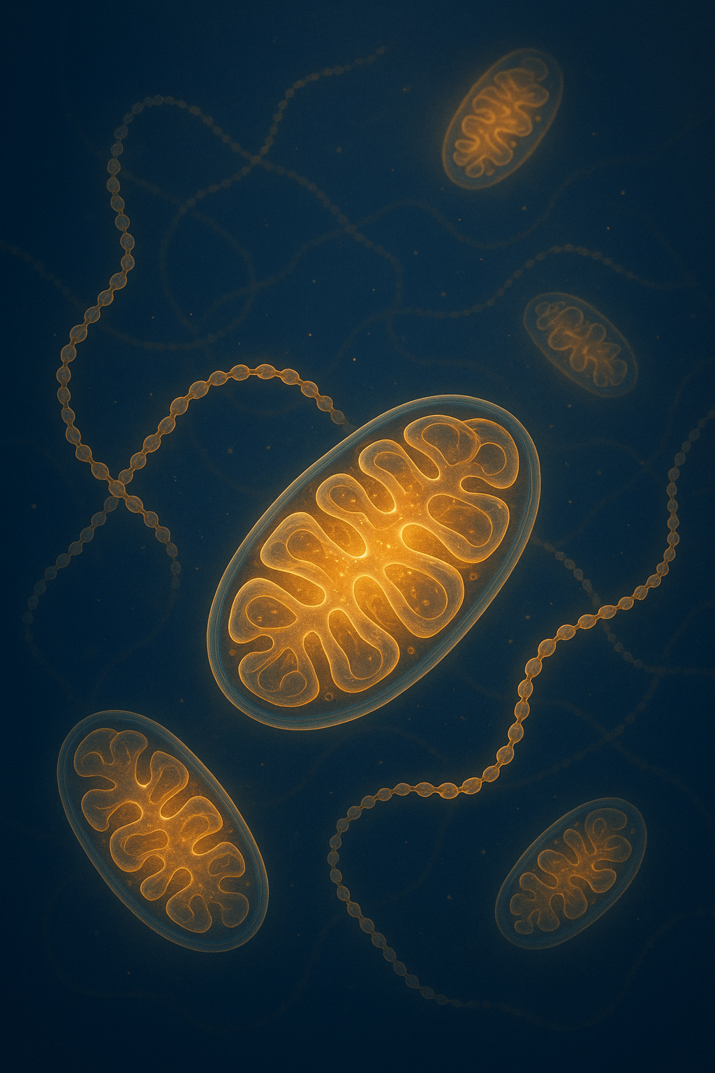 A luxury scientific illustration of glowing mitochondria and peptide chains at the cellular level, symbolising energy renewal, vitality, and longevity for Aeon Sciences.