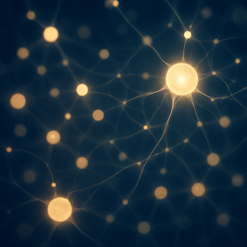 Abstract artistic visualization of cellular vitality, glowing golden networks against deep blue, symbolising connection, longevity, and luxury science by Aeon Sciences in Central London