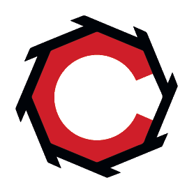 Logo di un'azienda o marchio, con forma circolare e colori rosso e nero.