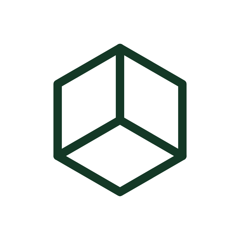 An isometric outline of a cube with three visible faces, drawn with dark green lines on a black background.