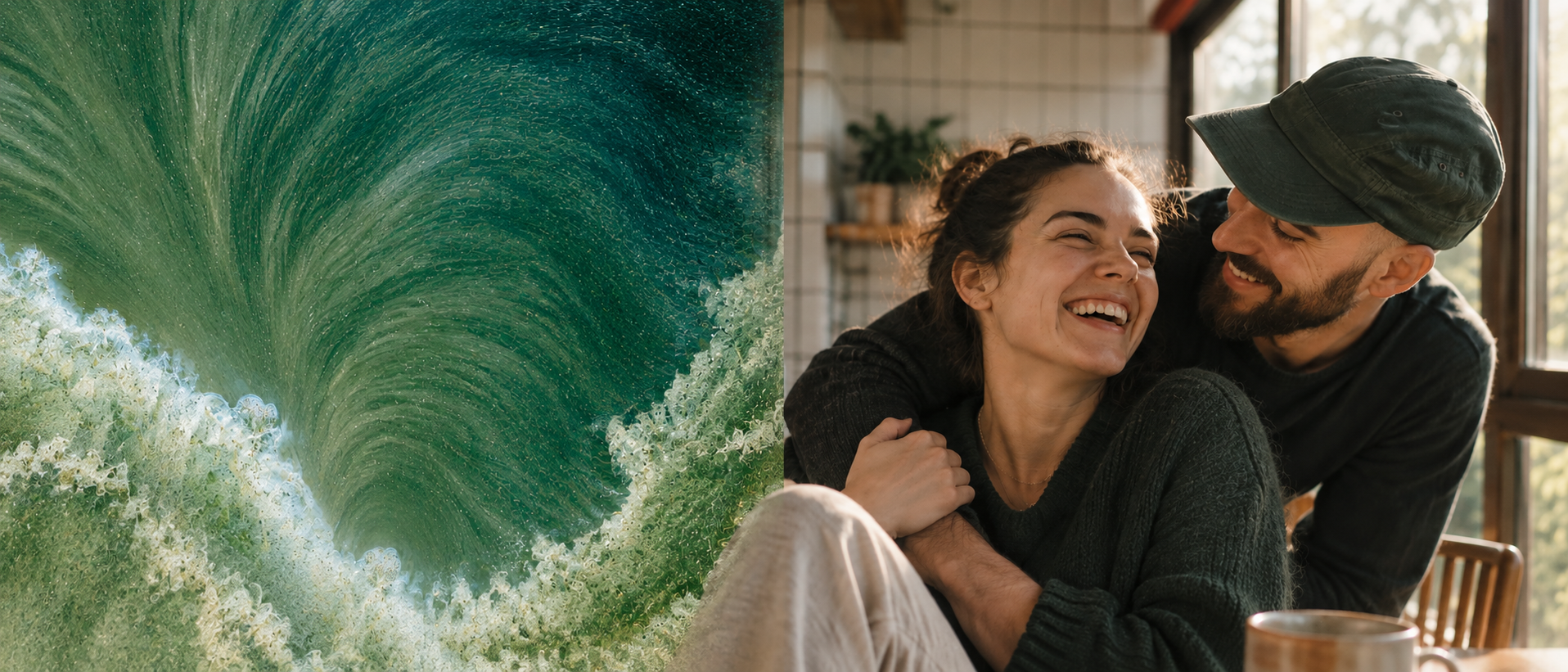 A couple laughing and smiling together in a cozy room with sunlight coming through the windows, sharing a joyful moment.