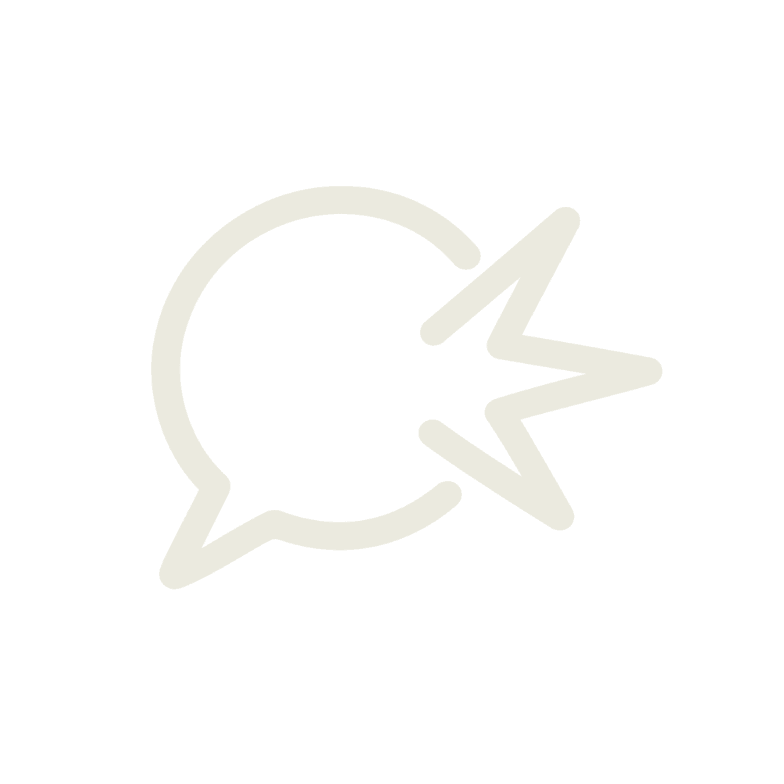 Speech bubble with a star and lightning bolt inside, gray icon on black background.