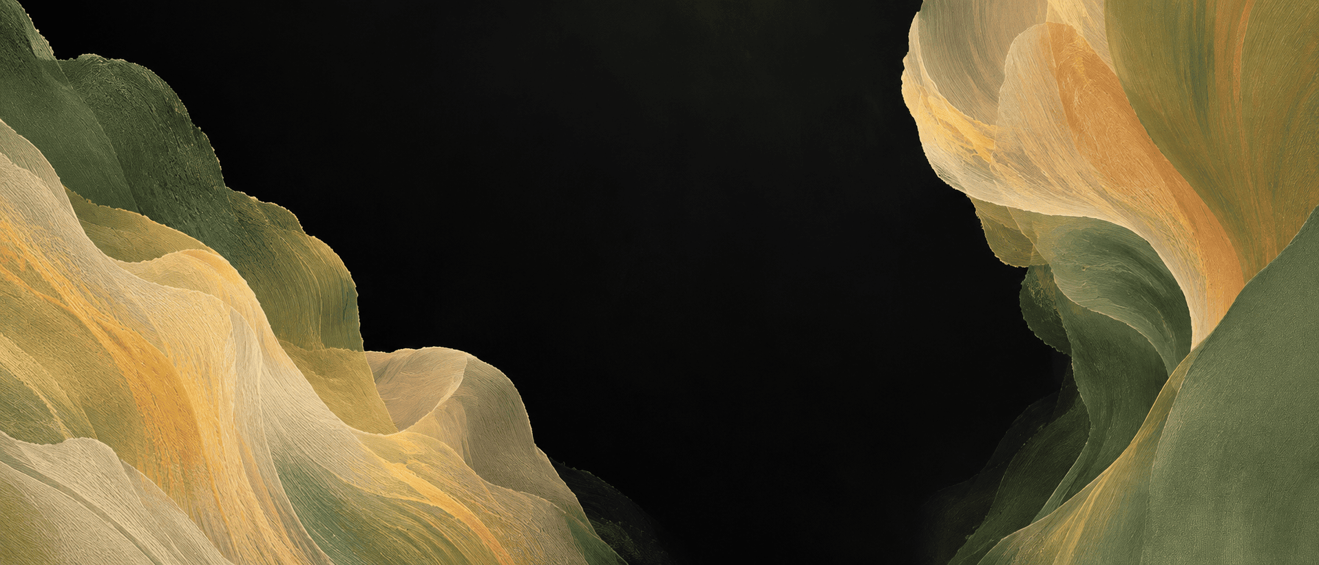 Abstract art featuring layered, wavy shapes in green, yellow, and beige tones against a black background.