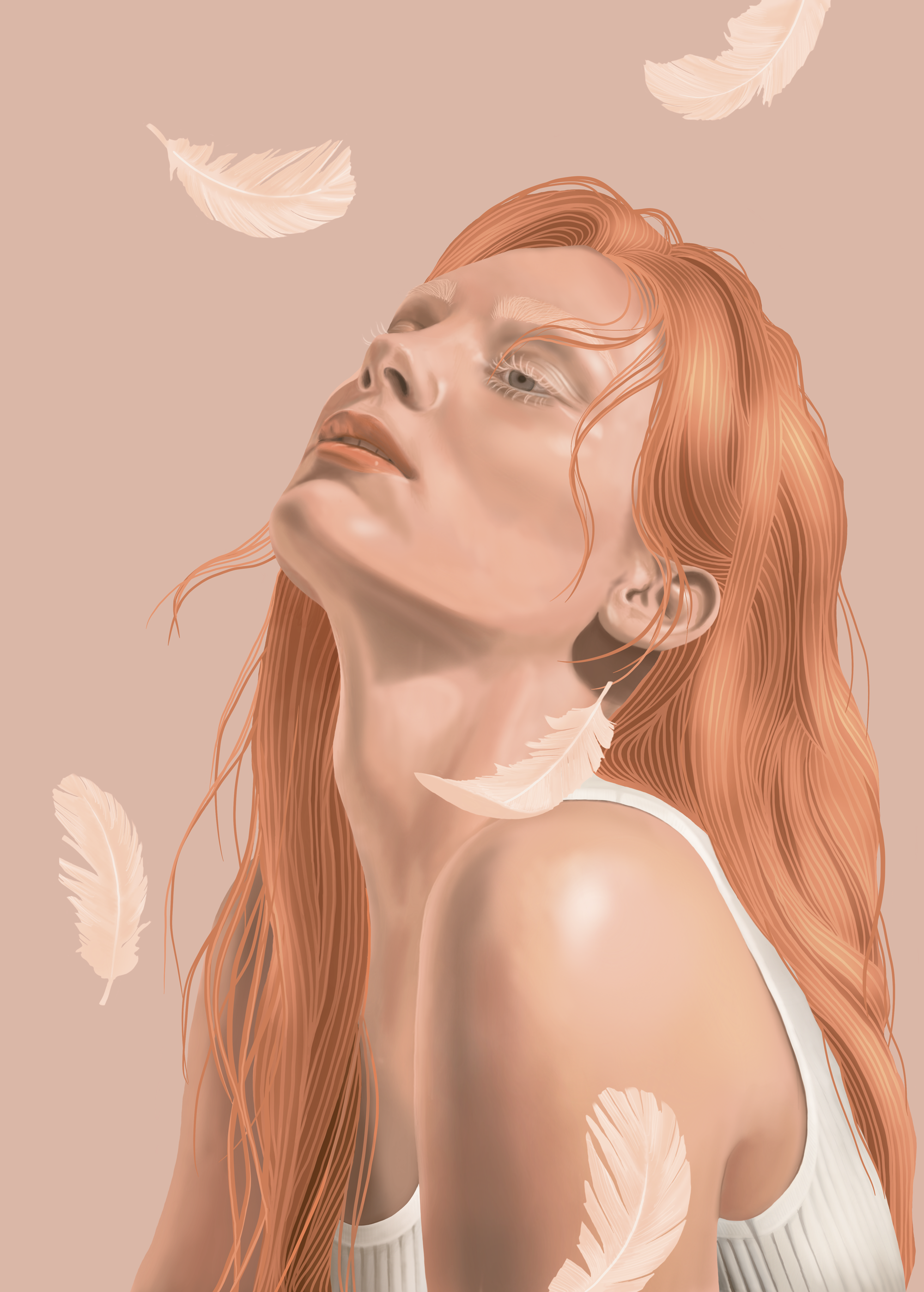 Digital illustration of a woman with copper hair, light eyeslashes, wearing a white tank top. Feathers flying around her.