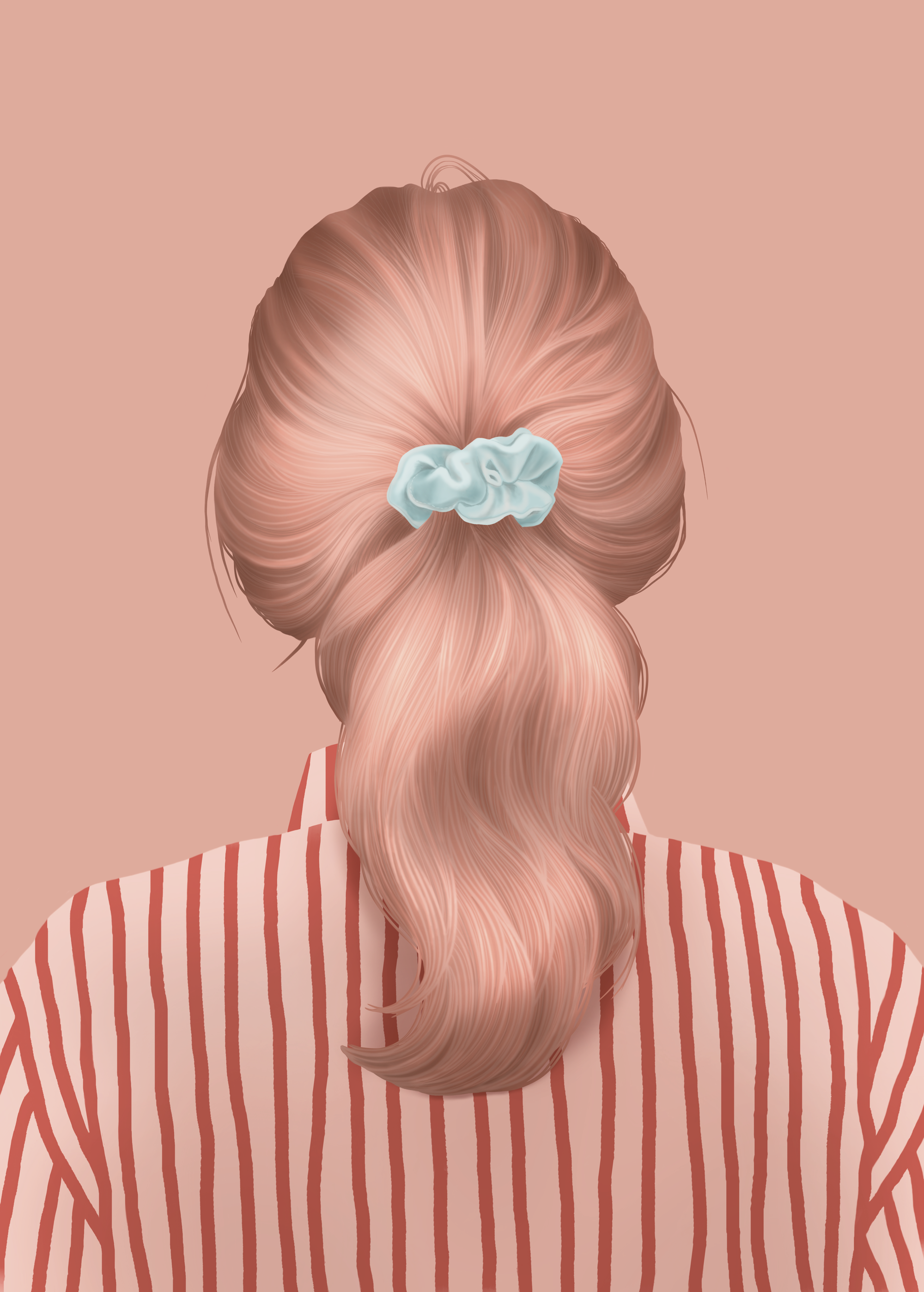 Back view of a person with long, pink hair tied with a light blue scrunchie, wearing a red and white striped shirt, against a light pink background.