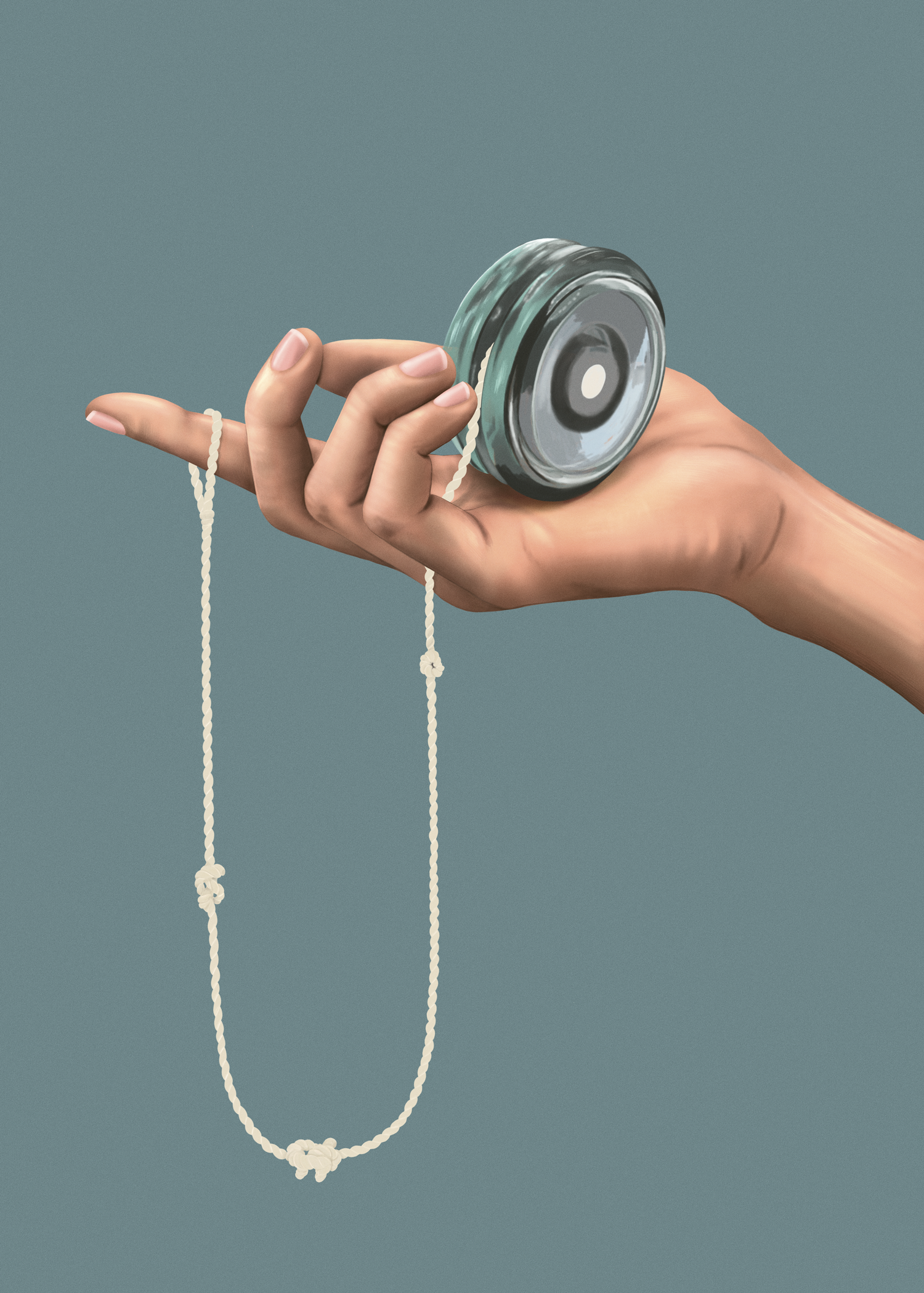 A realistic illustration of a hand holding a yo-yo toy with a string hanging from the fingers and having three knots on it.