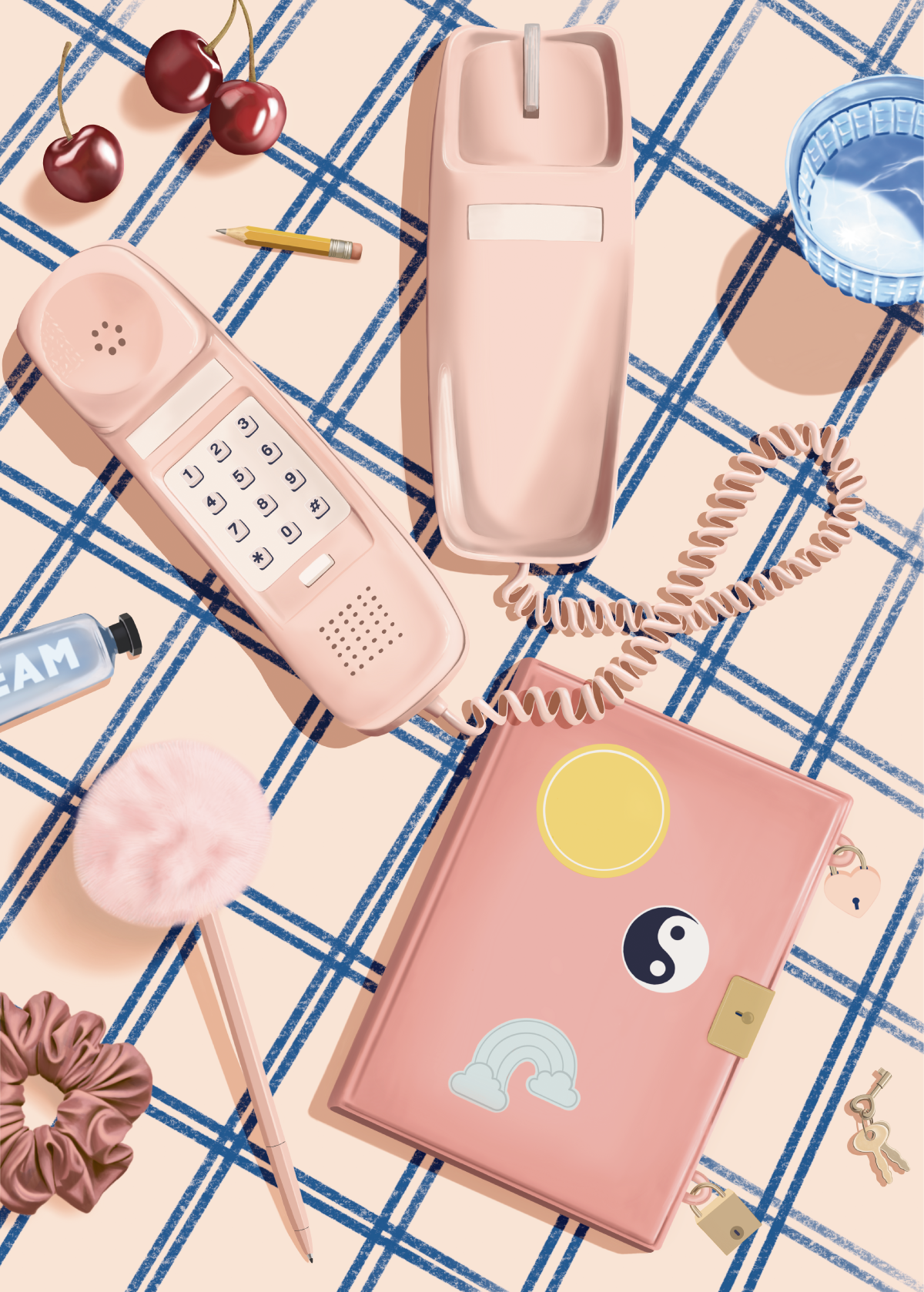 A digital illustration with nostalgic vibes. Diary, scrunchie and 90s telephone.