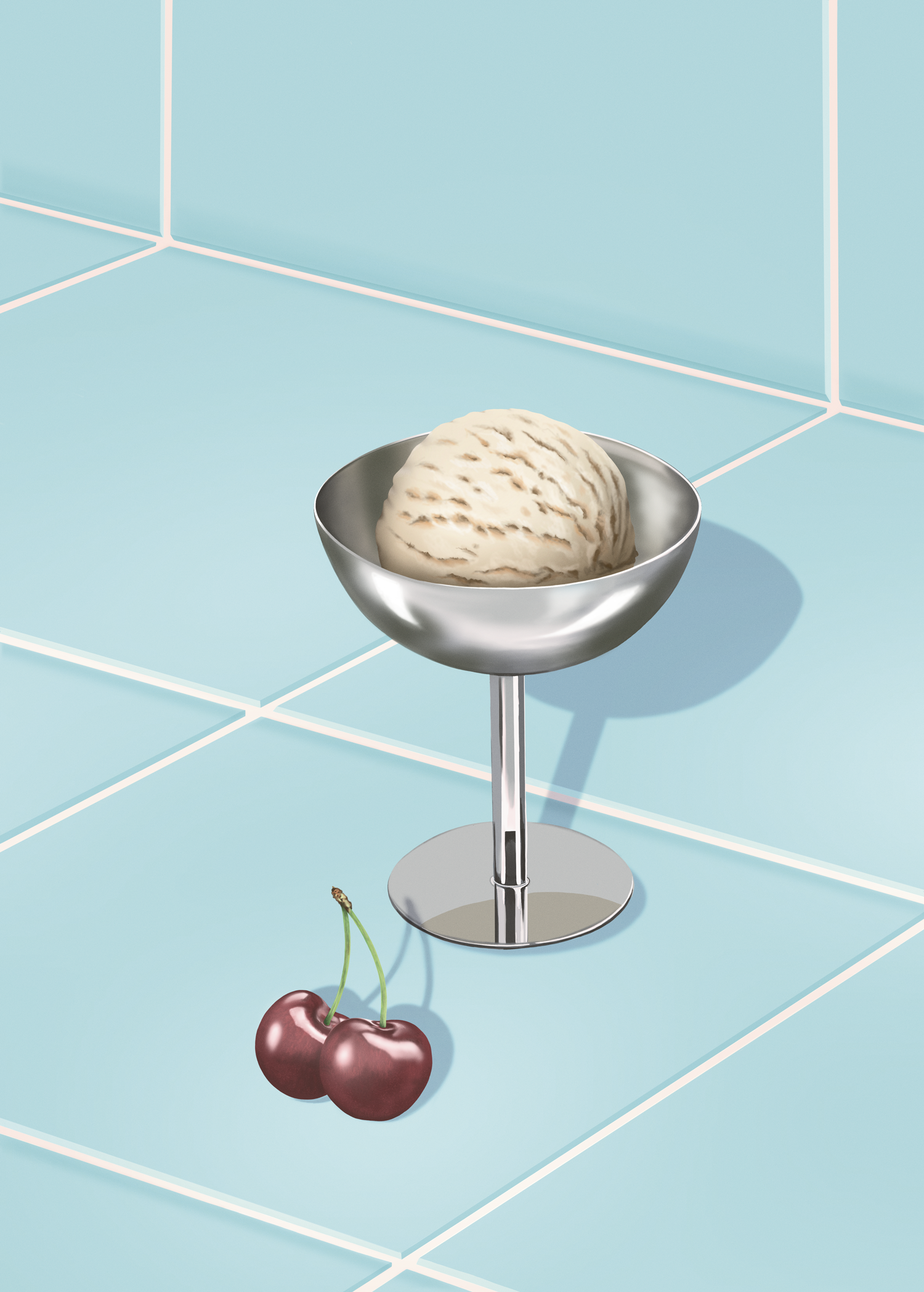 A scoop of vanilla ice cream in a silver dessert cup on a blue tiled surface, with two cherries nearby.