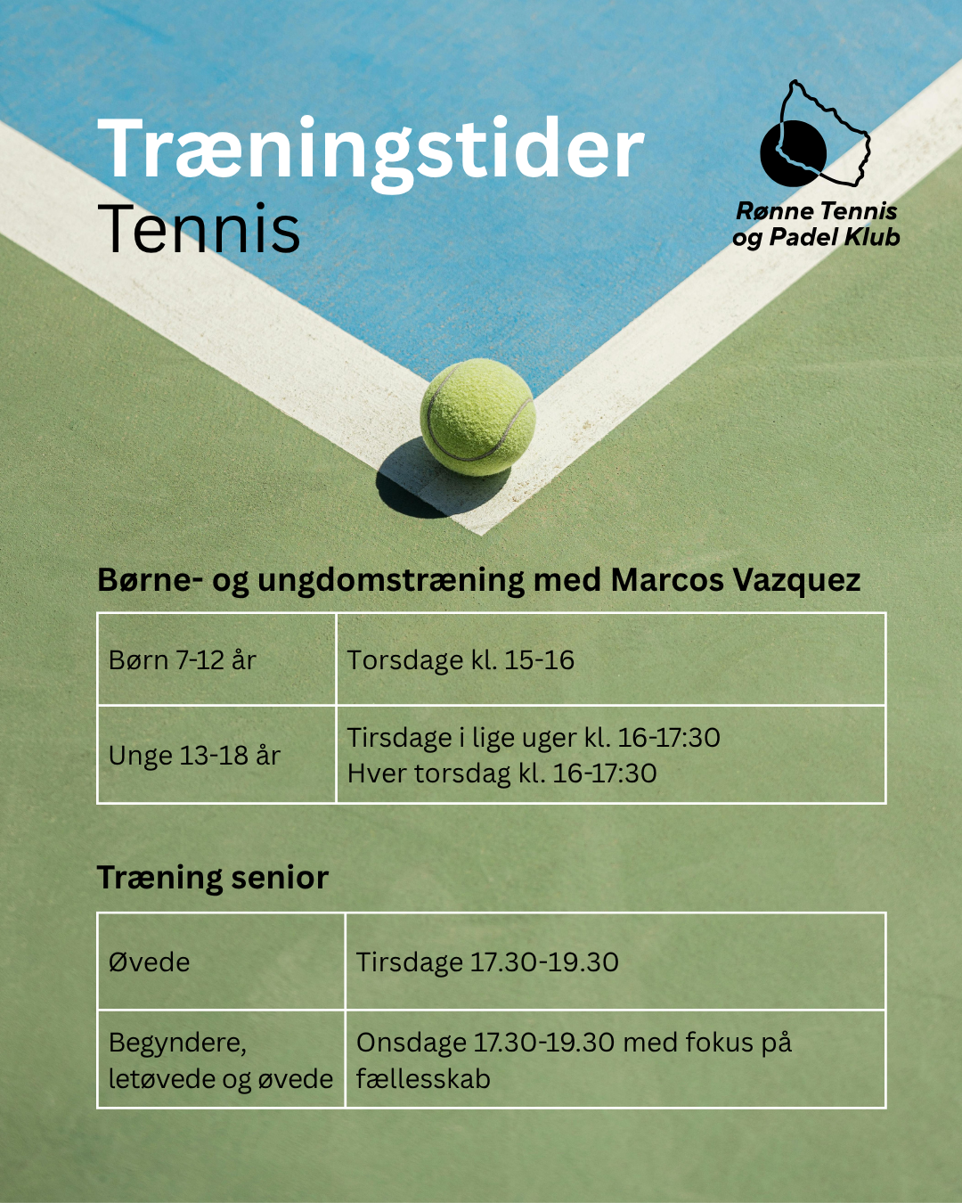 Brochures for Rønne Tennis og Padel Klub med træningstider for børn, unge og seniorer, inklusive tennisbaner med gul og blå overflade samt en tennisbold.