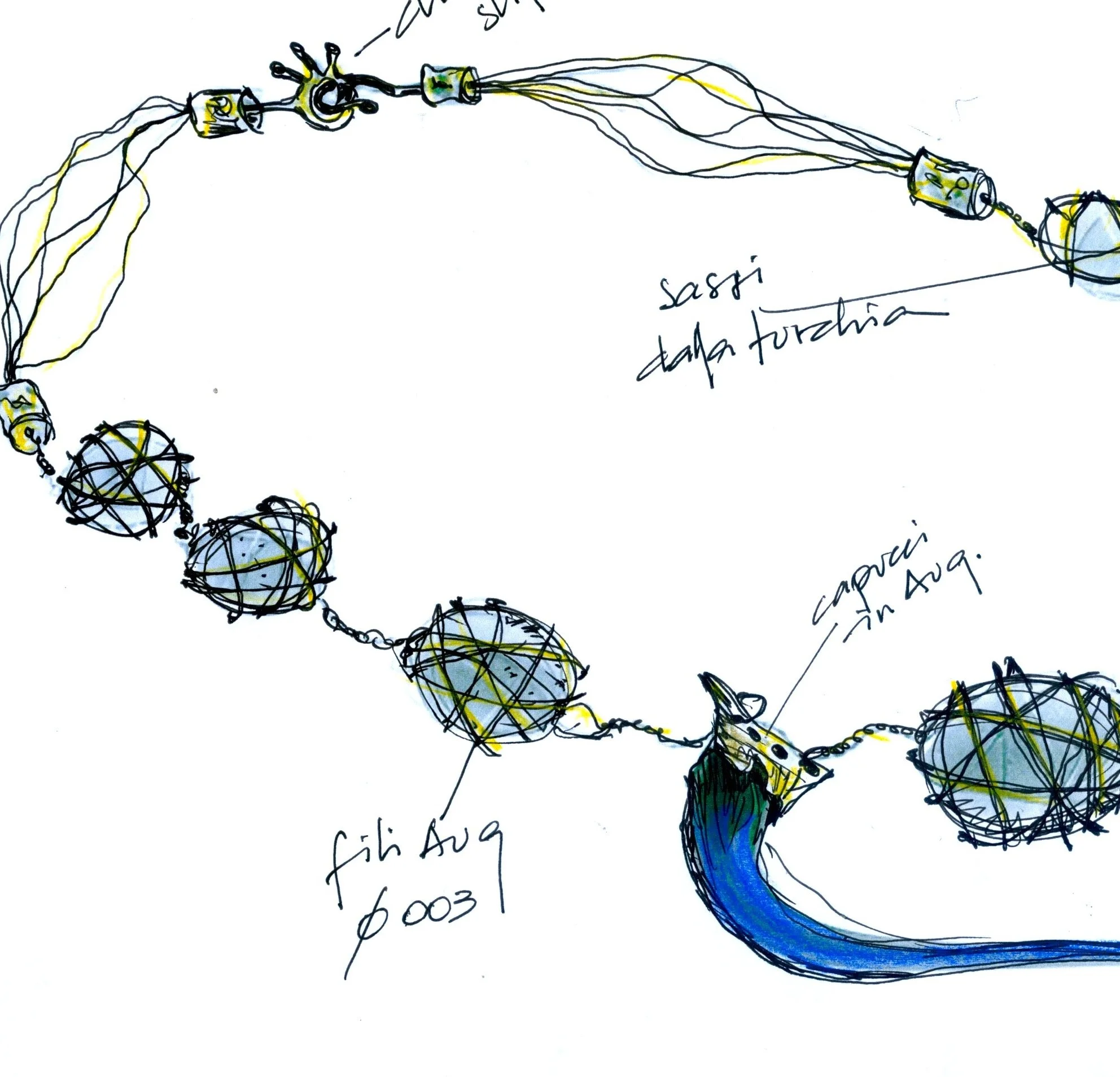 Sketch of a beaded necklace with a variety of bead shapes and colors, featuring handwritten notes and labels indicating different beads and materials used in August.
