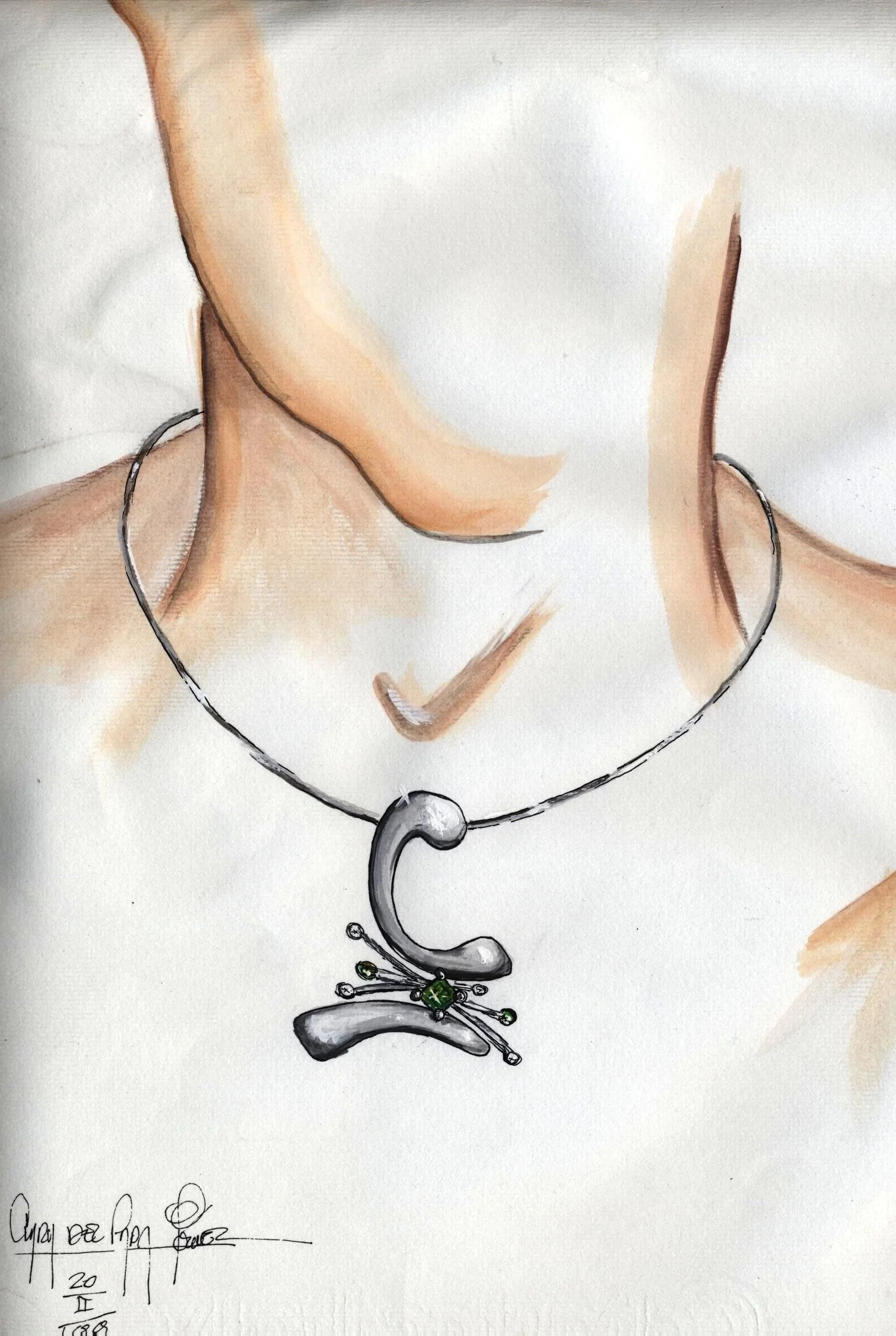 A hand-painted portrait of a person's neck and collarbone area, showcasing a silver necklace with a artistic pendant containing green stones.