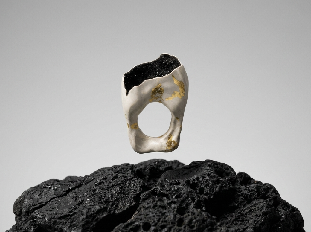 A floating Silver patinated gold ring with black dust of stone and gold foil accents, positioned above a rough black volcanic rock against a plain gray background.