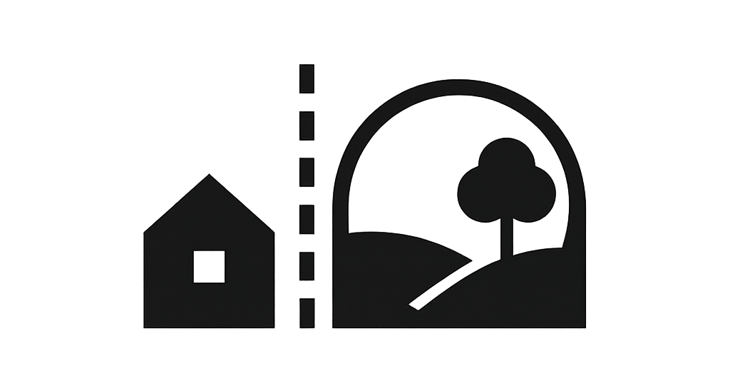 A simple black and white icon showing a small house on the left and a landscape with a tree and hill on the right, separated by a dotted vertical line.