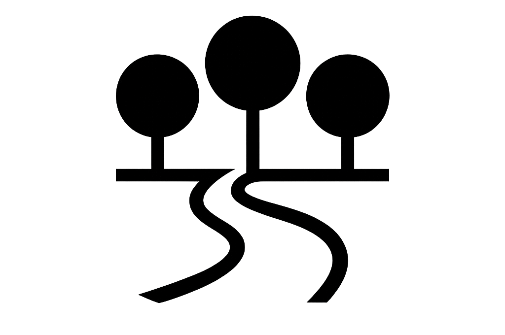 Line drawing of three trees and a winding path.