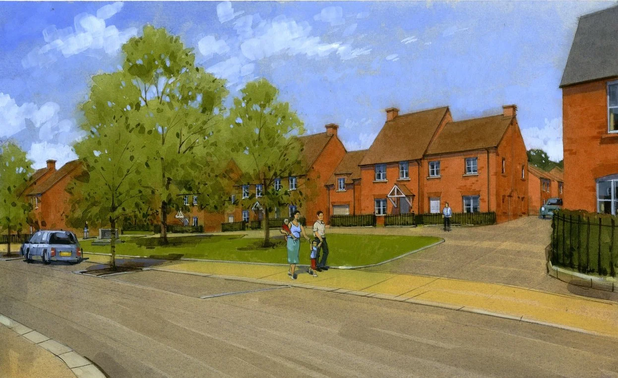 A painted illustration of a residential neighborhood with brick houses, green trees, and a small park. Pedestrians and a parked car are visible.