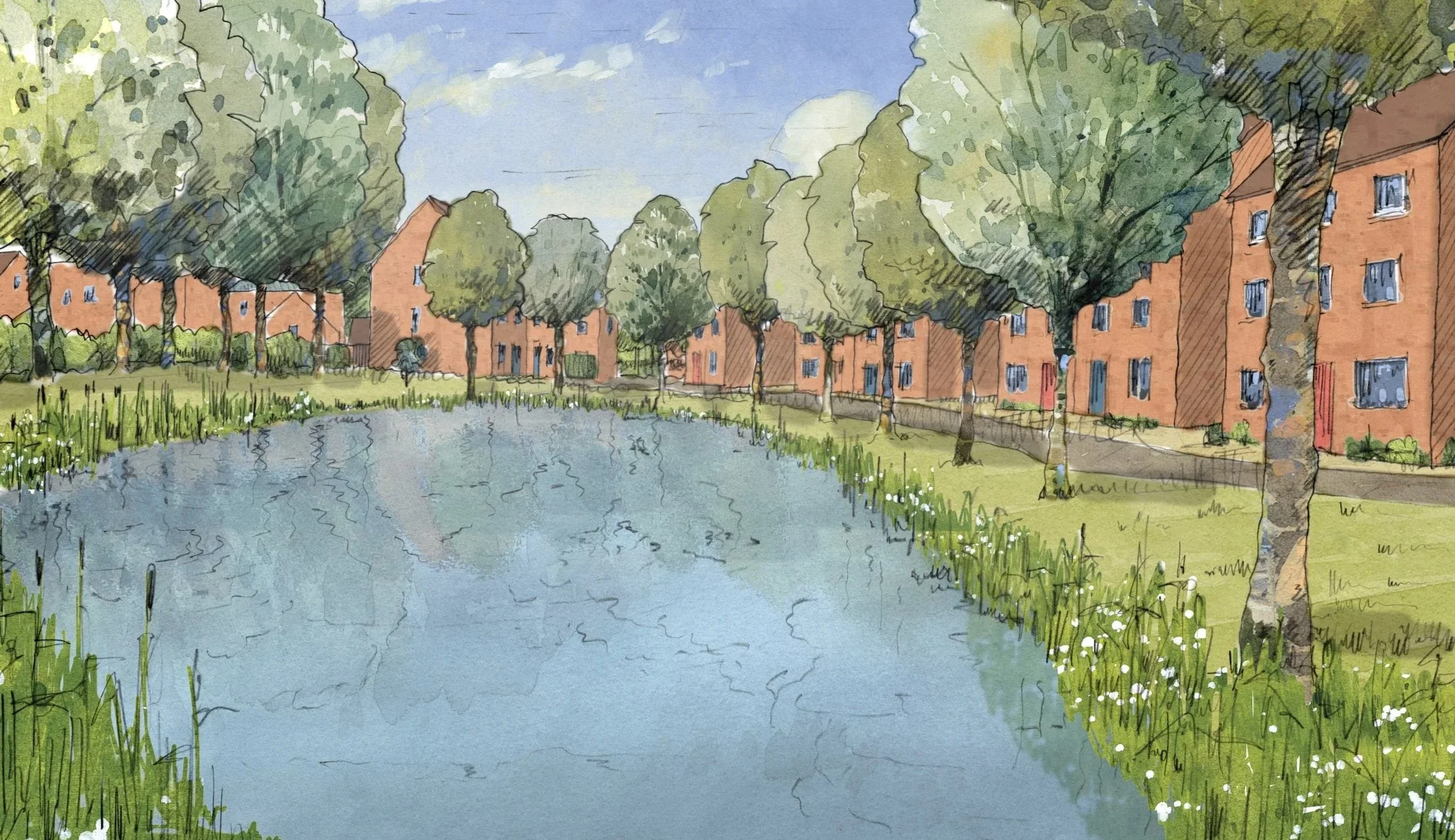 A watercolor painting of a residential area with red-brick houses, green trees, and a small pond in the foreground with grass and wildflowers along its edges, under a partly cloudy sky.