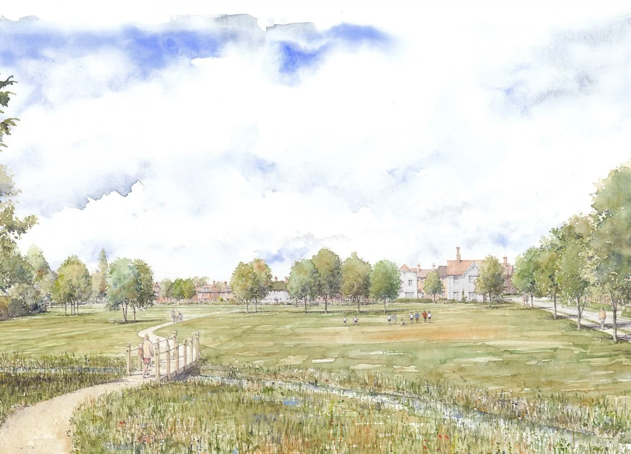 A watercolor painting of a park with a walking path, trees, people, and a row of houses in the background under a partly cloudy sky.