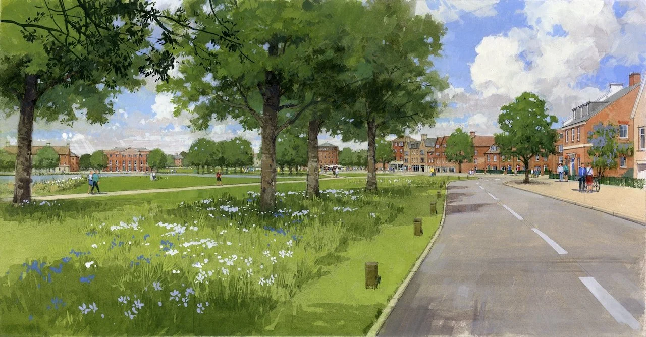 A peaceful park scene with green trees, blooming flowers, a walking path, and a street with people and bicycles in a residential neighborhood.
