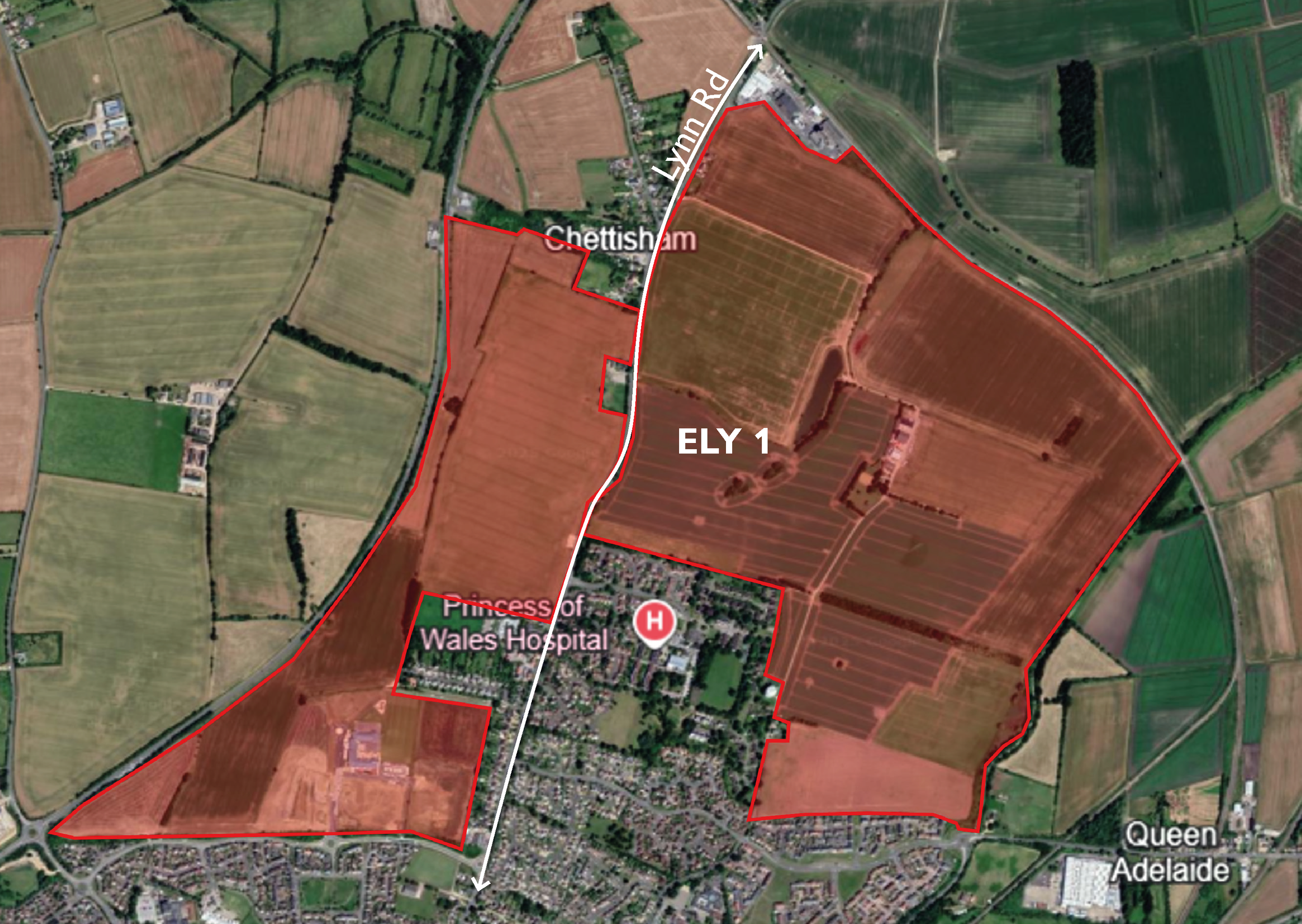 A satellite map showing Chettleham and its surrounding farmland in shades of green and brown, with a marked boundary in red outlining the area. The map includes labeled roads, a hospital, and residential areas, with the main road labeled Lynn Road.