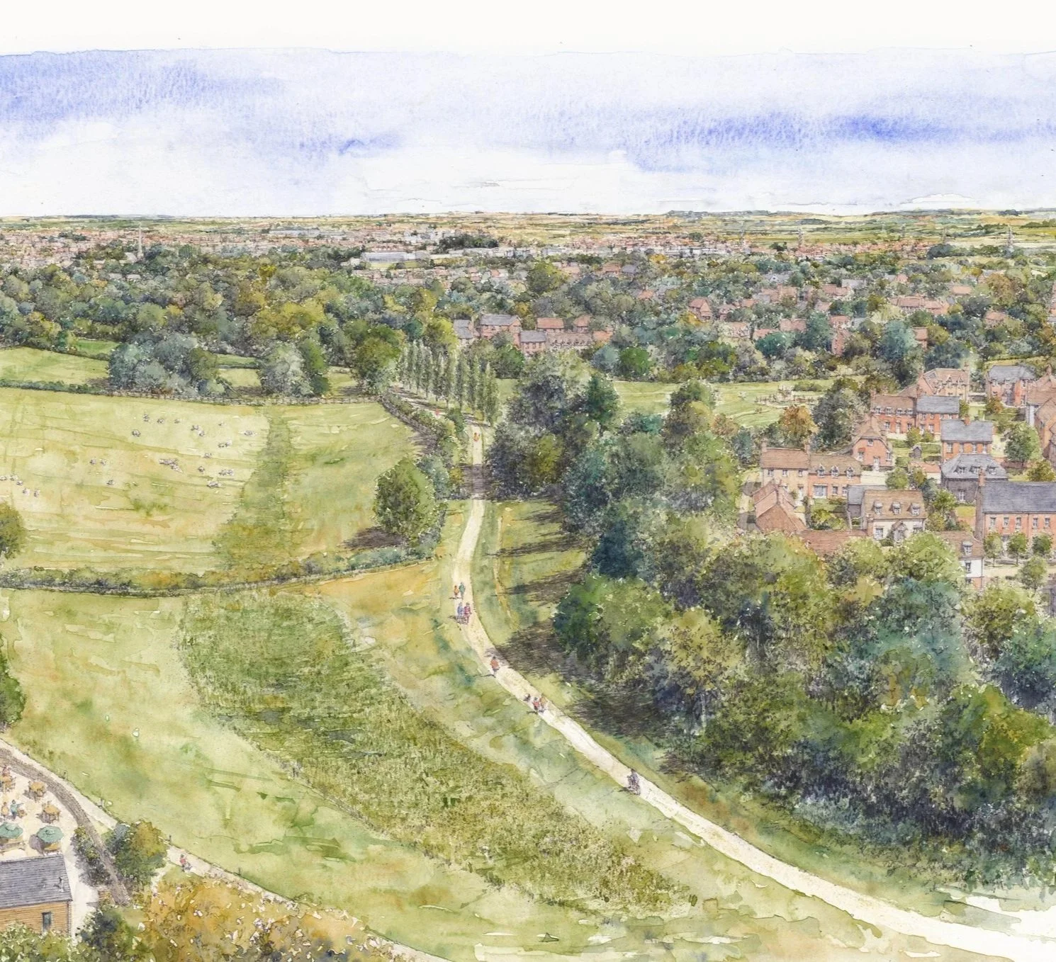Watercolor painting of a scenic view with a city skyline, green fields, trees, and a winding path with people walking.