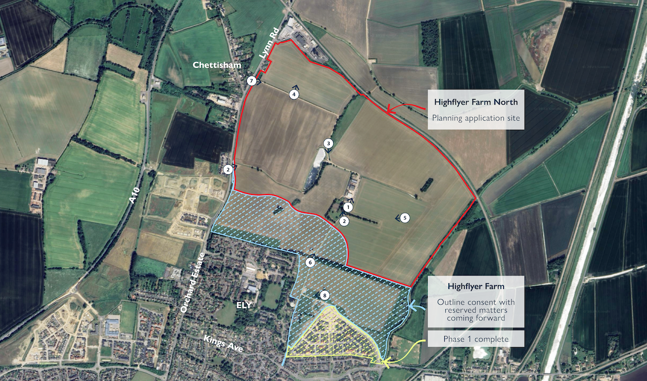 Map showing planning areas for Highflyer Farm North and Highflyer Farm, outlined with corresponding notes and phases, with nearby Chettisham, Ely, and surrounding fields.