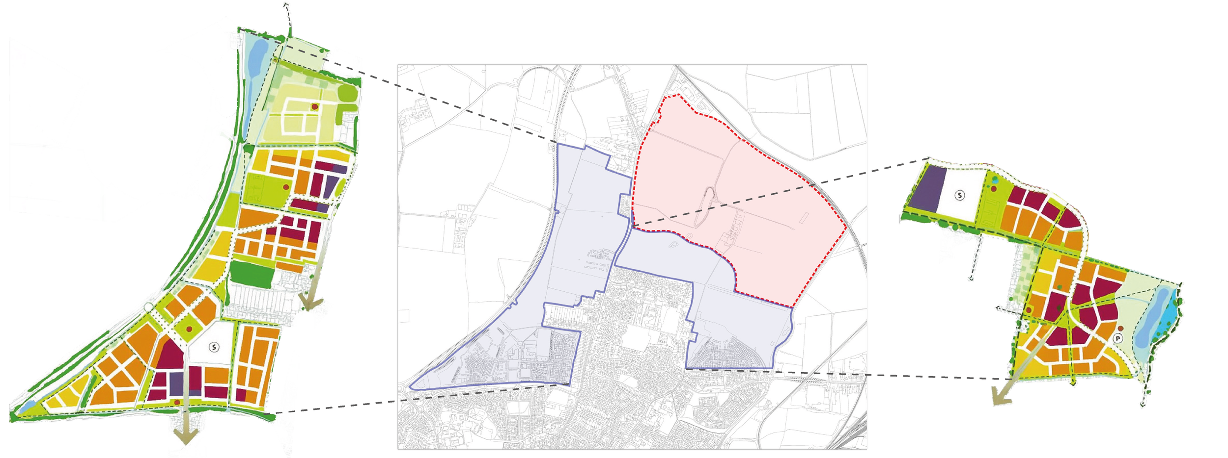 A three-part urban planning map showing different layout zones, color-coded for residential, commercial, and green spaces, with surrounding detail and boundary delineations.