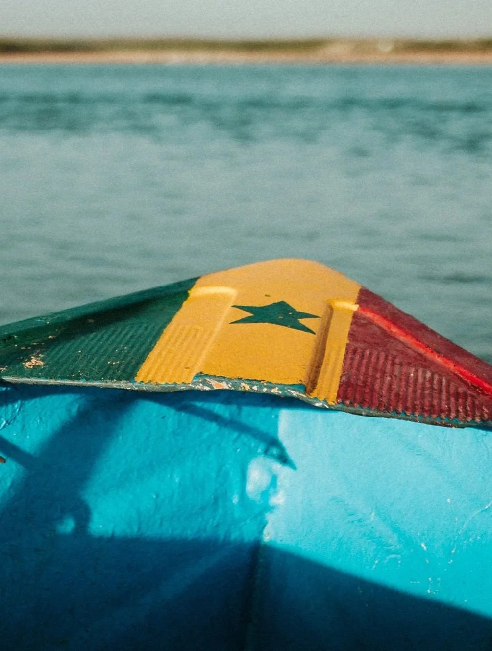 Proue d'un bateau coloré avec un drapeau, flottant sur une mer calme, paysage au loin.