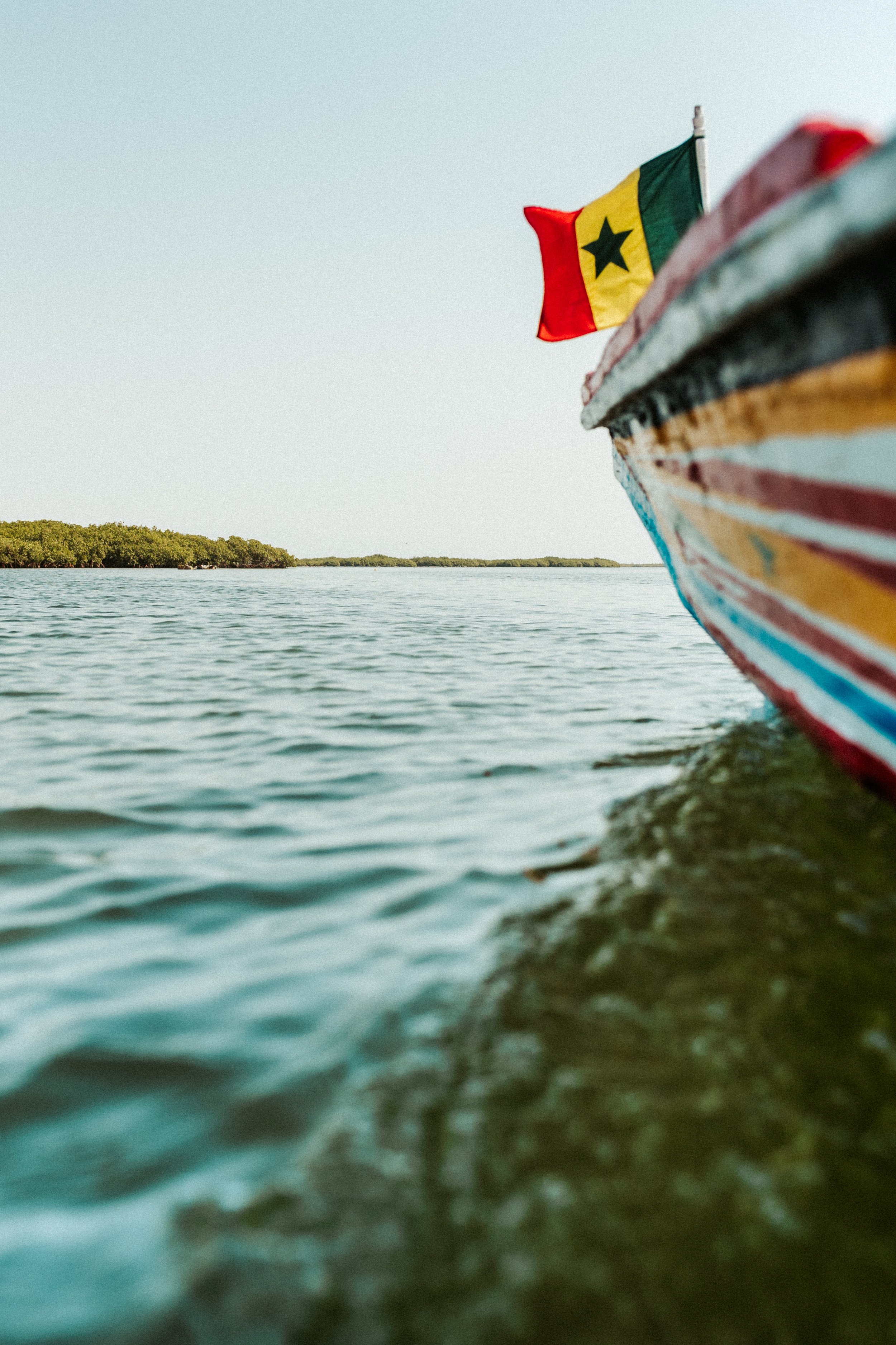 Un bateau coloré avec un drapeau du Sénégal flotte sur l'eau calme d'une rivière ou d'un lac, avec une végétation dense en arrière-plan.