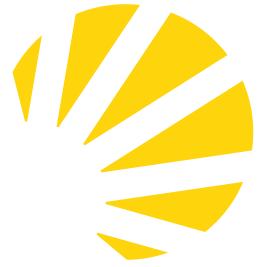Logo de packaging en forme de demi cercle avec rayures noires et jaunes.