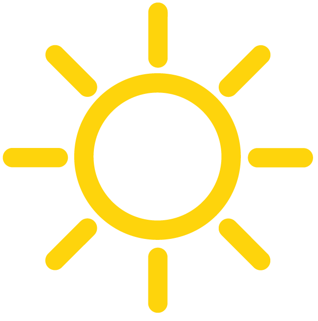 Un symbole de soleil jaune avec un cercle central entouré de rayons.