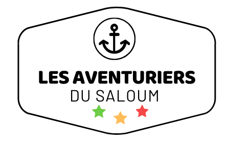 Logo avec un ancre, texte 'Les Aventuriers du Saloum' et trois étoiles de couleurs verte, orange, rouge.