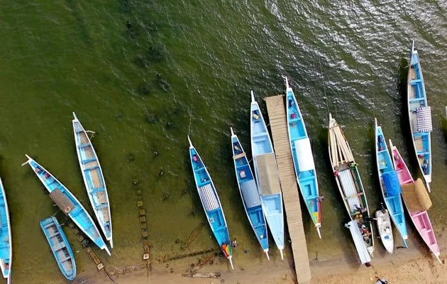 Bateaux de pêche amarrés le long d'une jetée sur une plage avec de l'eau verte.