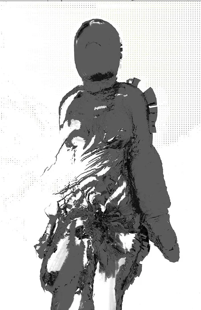 Scultura digitale di figura umana anatomica, frammentata e deformata da tratti gestuali, in stile contemporaneo.