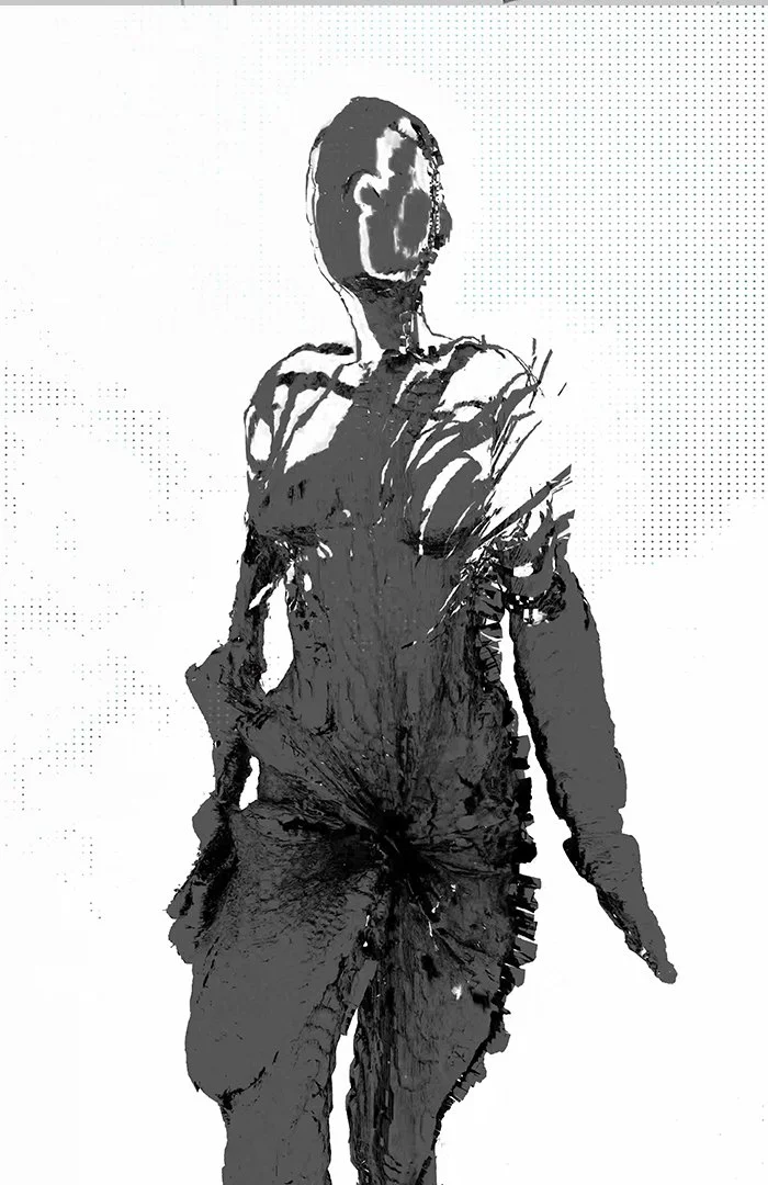 Scultura digitale di figura umana anatomica, frammentata e deformata da tratti gestuali, in stile contemporaneo.