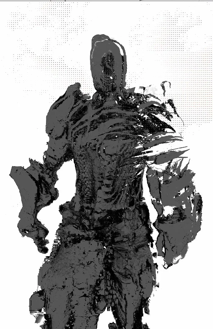 Scultura digitale di figura umana anatomica, frammentata e deformata da tratti gestuali, in stile contemporaneo.