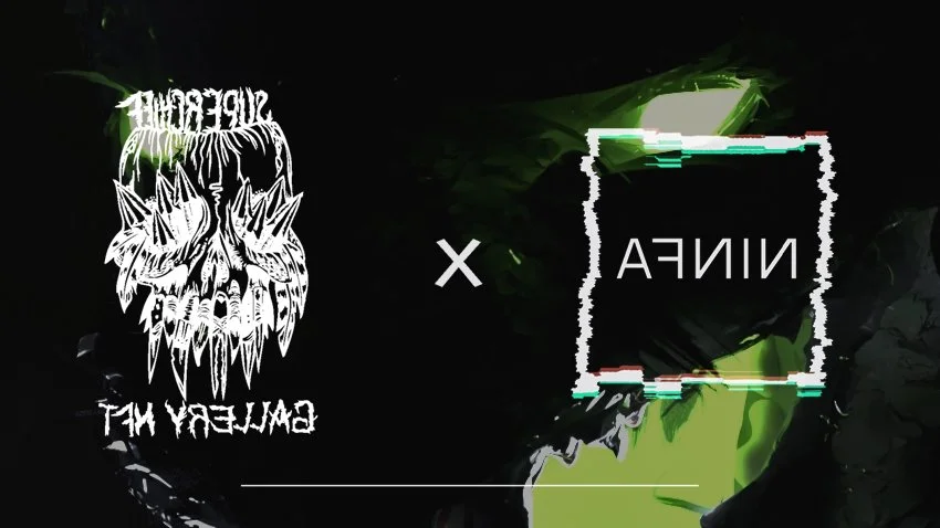 Design dark con testo 'Superevil' e 'G-Belly' con immagini di un teschio stilizzato diabolico e un logo con il nome 'NINFA'